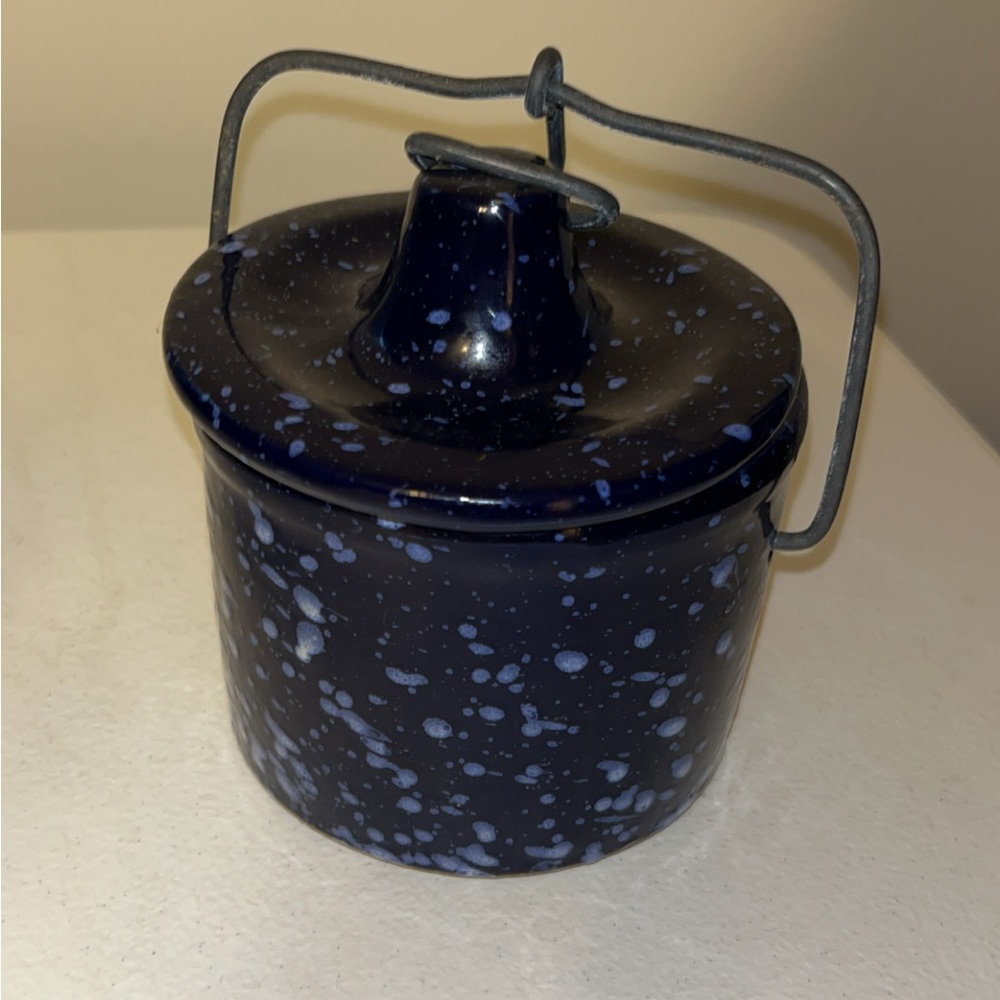 Antique small blue and white speckled crock